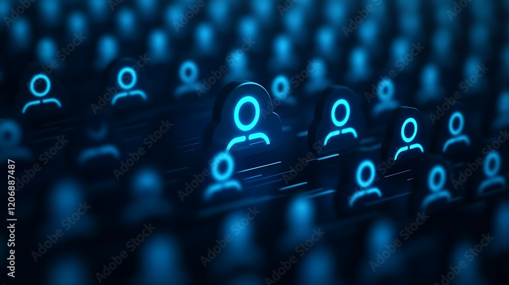 Poster digital representation of virtual community with glowing user icons on a dark background creating a 
