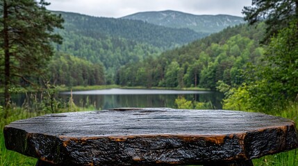Fototapeta premium Serene Lakeside View Rustic Wooden Tabletop Peaceful Nature Scene