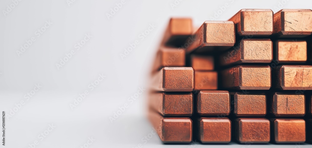 Poster a close-up image of neatly stacked copper bars, showcasing their shiny surface and precise rectangul