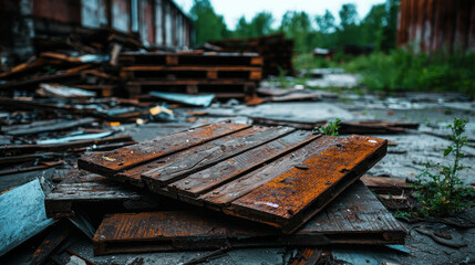Industrial Area with Discarded Wooden Pallets and Heaps of Debris Surrounded by Overgrown Foliage