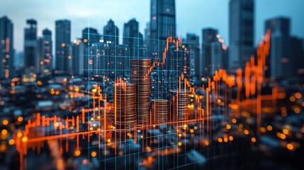 Fototapeta premium Cityscape with superimposed stock market graphs and coins.