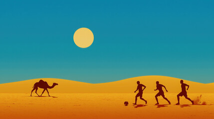 Intense Street Football Game Unfolding on the Edge of the Desert with a Camel in the Background