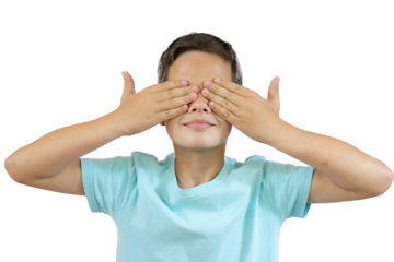Young boy in blue t-shirt covering his face with hands over transparent background. PNG transparent.