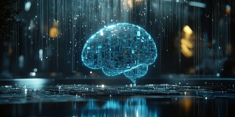 Digital brain holographic projection on dark tech background.