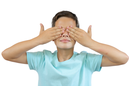Young boy in blue t-shirt covering his face with hands over transparent background. PNG transparent. - Powered by Adobe