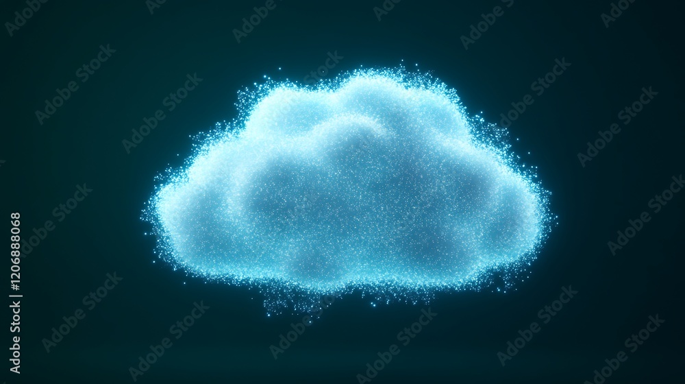 Poster ethereal and luminous blue cloud with glowing particles on dark background for abstract concepts