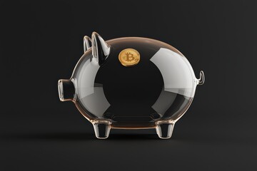 A transparent piggy bank featuring a Bitcoin symbol, reflecting modern finance and digital currency themes against a dark background.