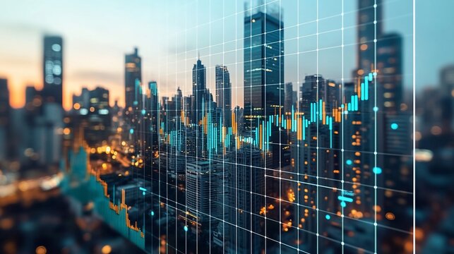 Cityscape overlayed with financial graphs at sunset.