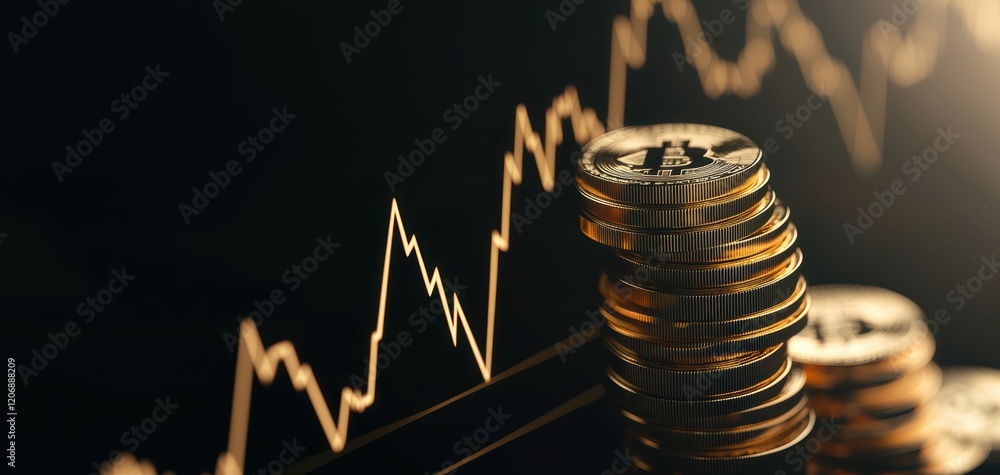 Poster the image showcases stacked coins with a rising graph in the background, symbolizing cryptocurrency 
