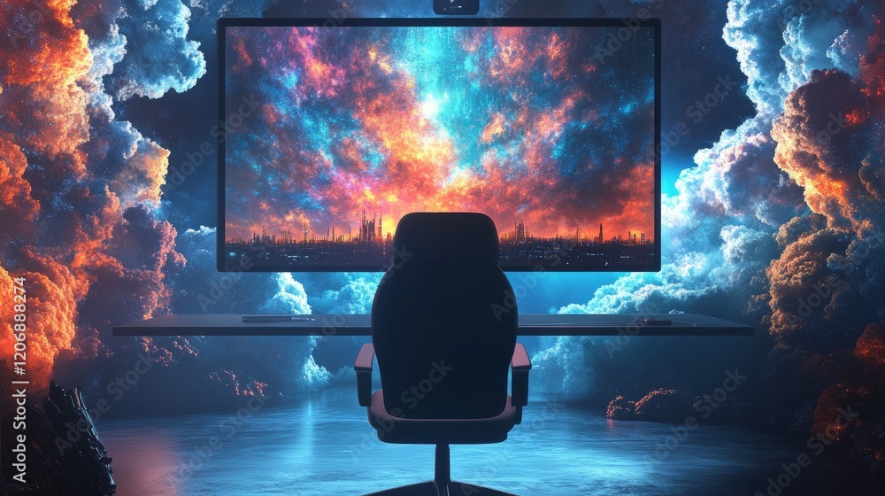 Poster ai-driven image creation on a large monitor, empty chair in front, illustrating the shift from human