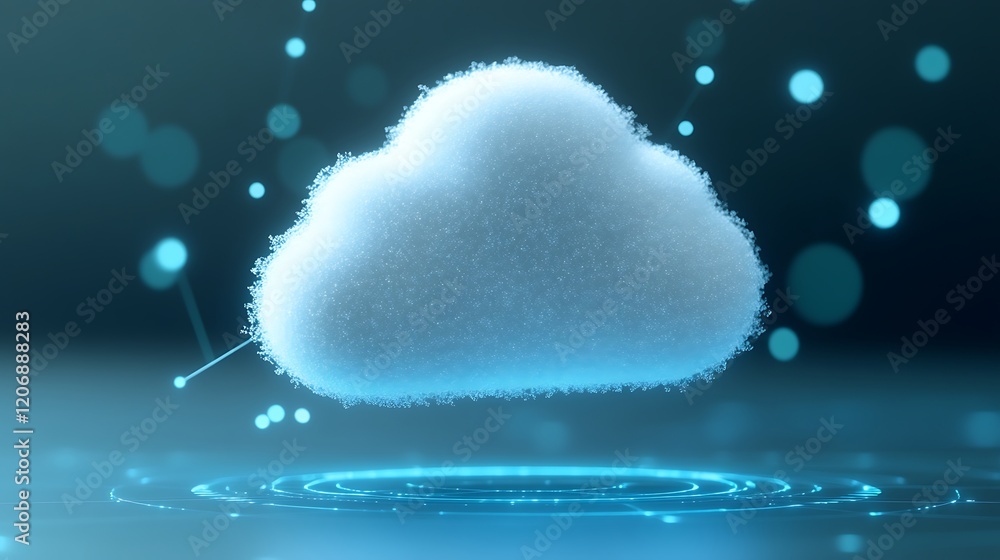 Poster ethereal cloud with soft particles and glowing circles in a futuristic digital environment