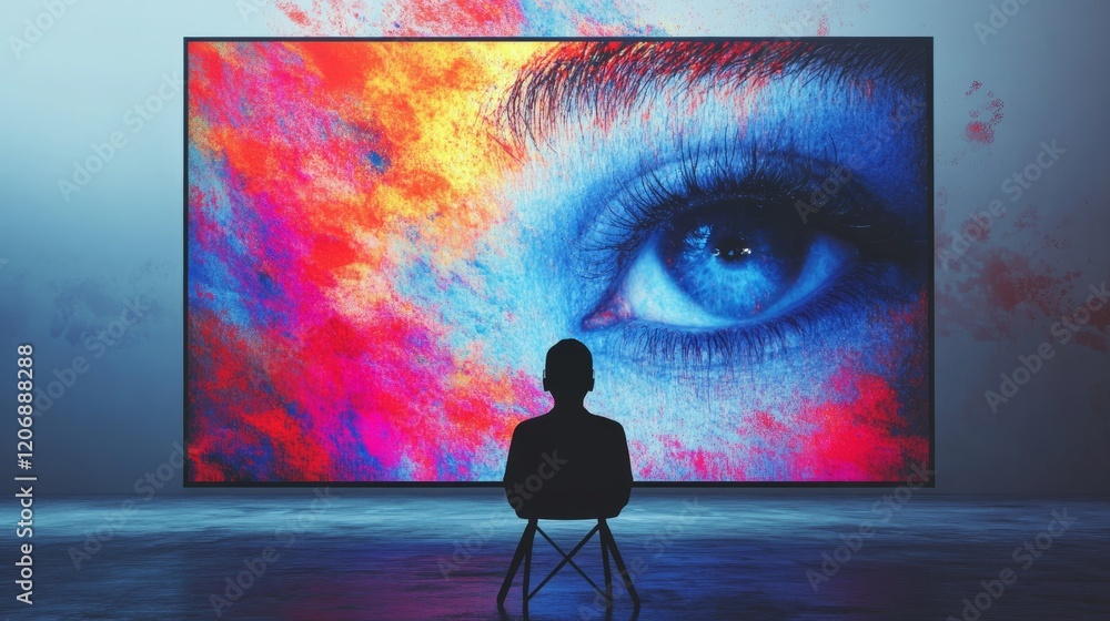 Poster ai-driven image creation on a large monitor, empty chair in front, illustrating the shift from human