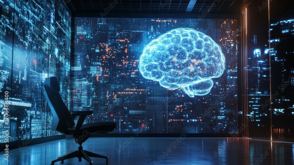 Poster ai-driven image generation on a large screen, empty chair representing the concept of ai taking over