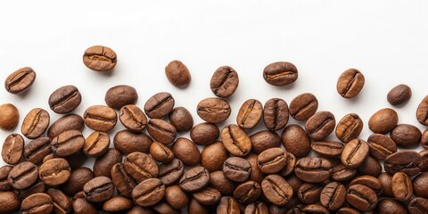 Naklejka premium A close-up view of roasted coffee beans scattered on a white surface, showcasing their rich color and texture.