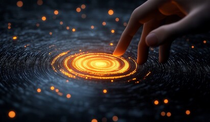 Fingertip activating glowing spiral energy field.