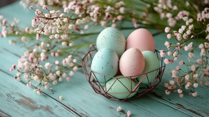 Obraz premium Vibrant pastel eggs nestled in a delicate wire basket surrounded by blooming flowers on a rustic wooden table