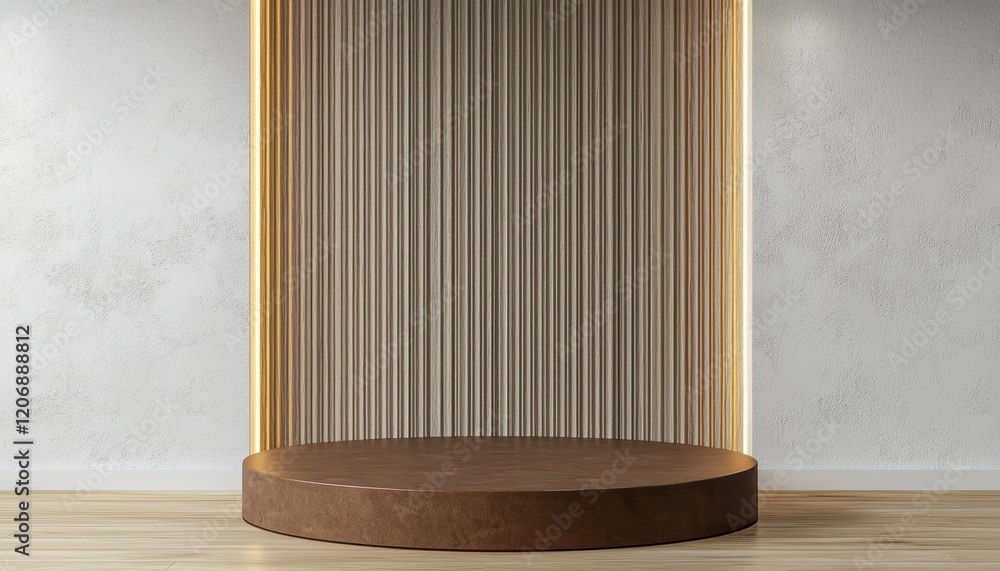Aufkleber a minimalist display featuring vertical lines and a circular base, illuminated by warm light against