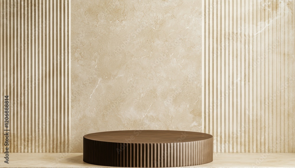 Poster a minimalist display featuring a circular pedestal against a textured, neutral background with verti