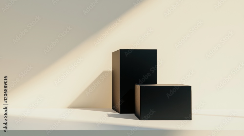 Poster minimalist black boxes cast shadows against a light wall, creating a striking contrast and emphasizi