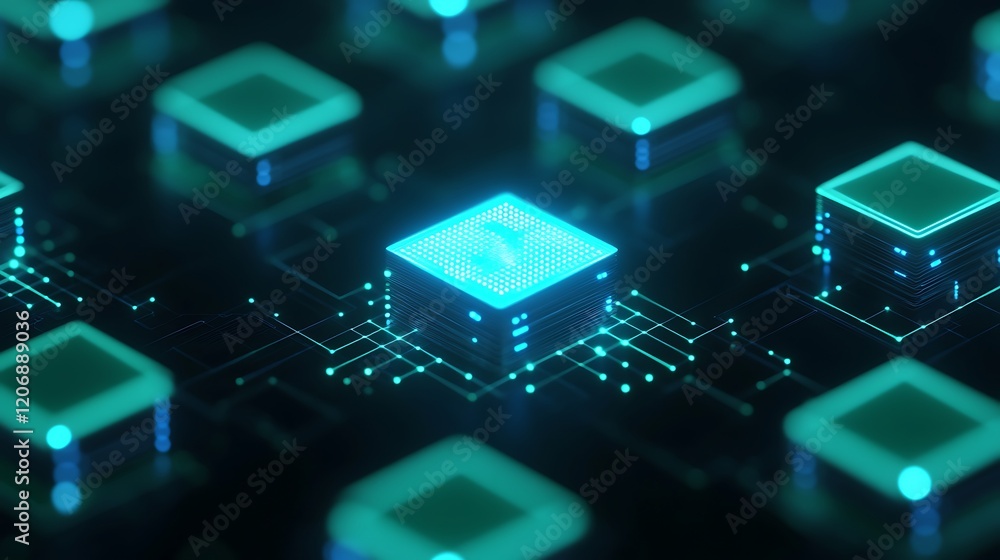 Poster futuristic abstract digital circuit with bright neon microchips and glowing patterns in dark backgro