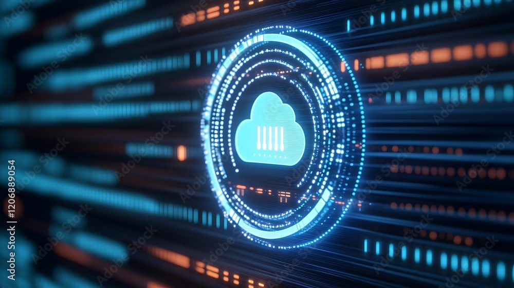Poster futuristic abstract digital cloud data transfer concept with glowing circuits and graphics in cyber 