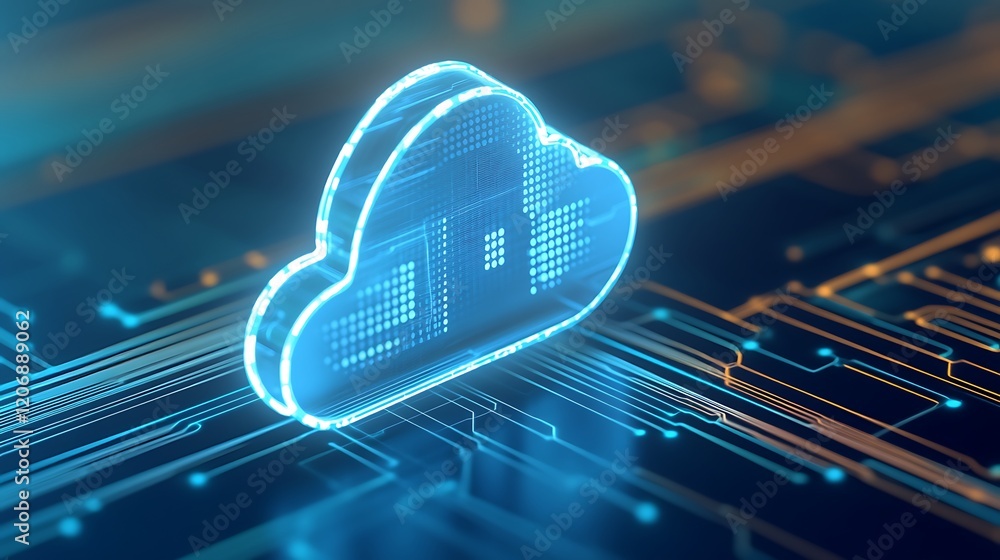 Poster futuristic blue cloud icon on digital circuit board background representing cloud technology and dat