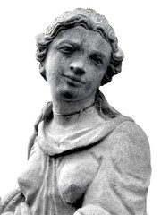 Concrete statue of young lady with tilted head. One original and the other with translucent...