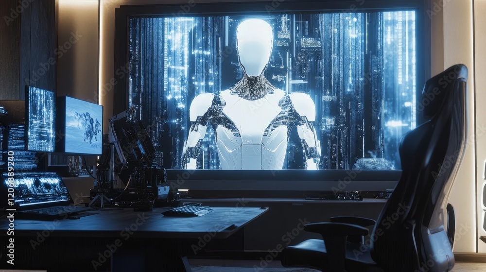 Poster home computer setup with a large screen showing an ai-generated image, empty chair reflecting ai's g