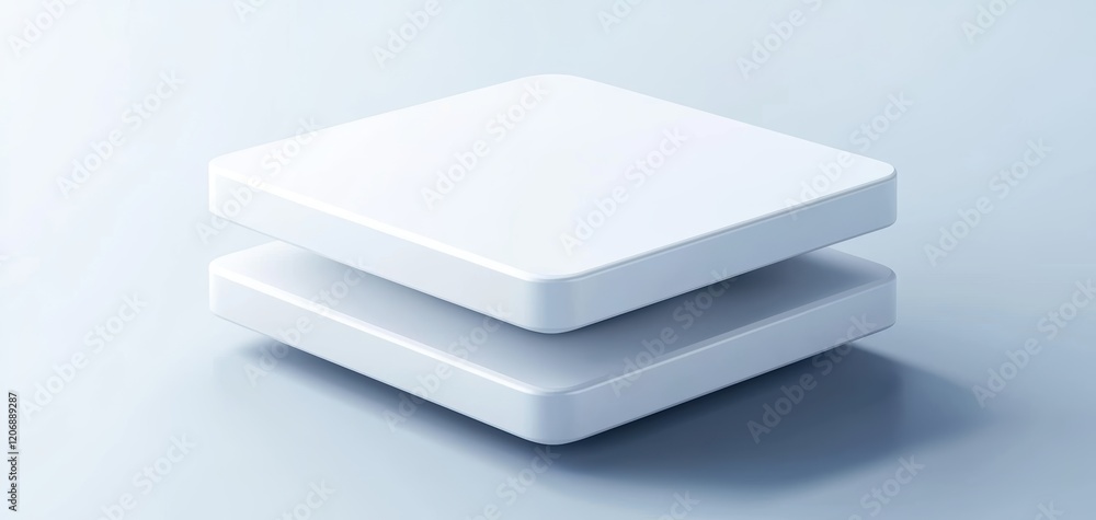 Poster a minimalist design featuring two stacked white square platforms on a light background, emphasizing 