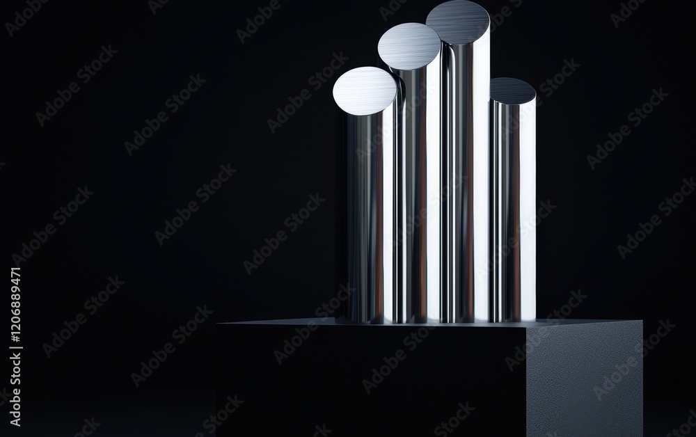 Poster a minimalist arrangement of shiny cylindrical objects on a dark background, creating a striking cont