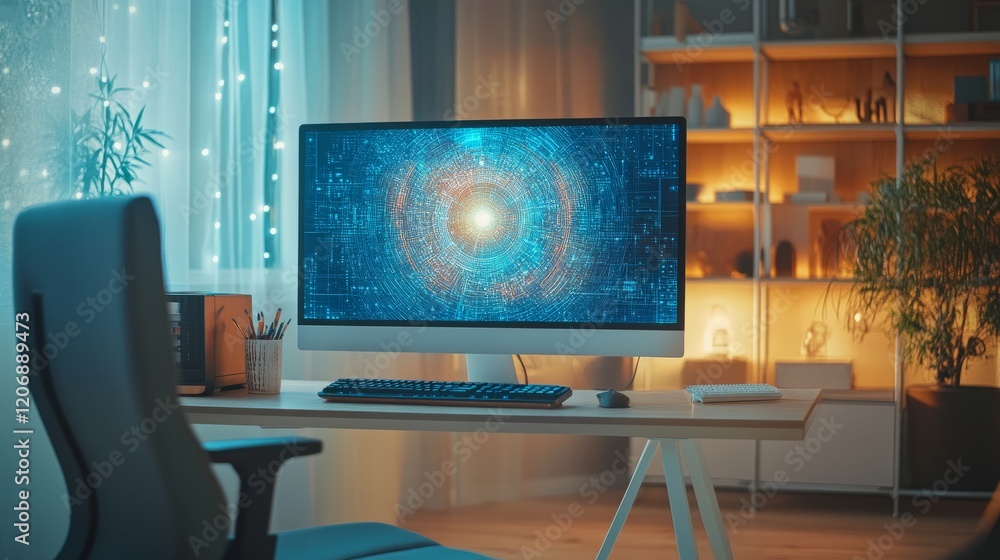 Poster home computer with a large screen displaying ai-generated art, empty chair emphasizing the automatio