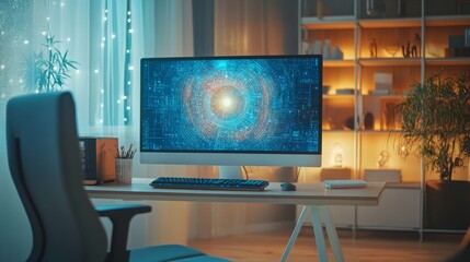 Home computer with a large screen displaying AI-generated art, empty chair emphasizing the automation of creative work.