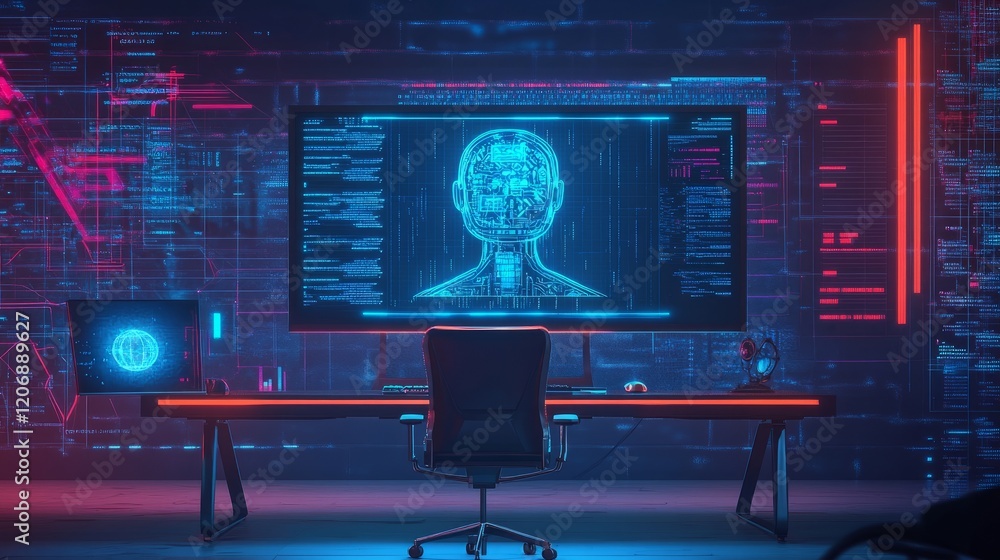 Poster home computer with a large screen showing an ai-generated image from a text prompt, empty chair symb