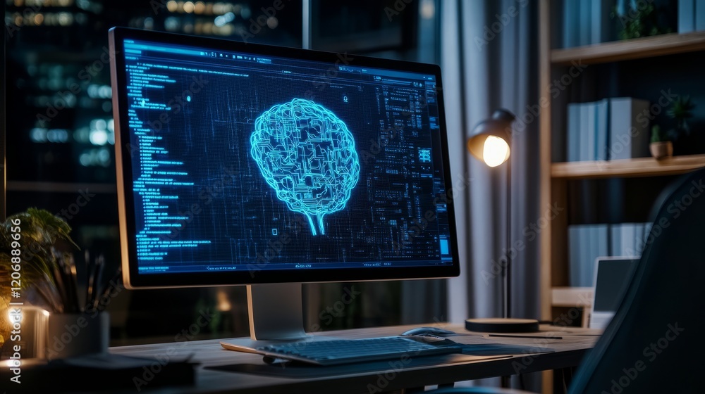 Poster home computer with a large screen showing an ai-generated image from a text prompt, empty chair symb