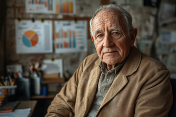Obraz premium Older man sitting at desk, surrounded by books and papers, deep in concentration as he writes on notepad. Sunlight filters through window, casting warm glow.