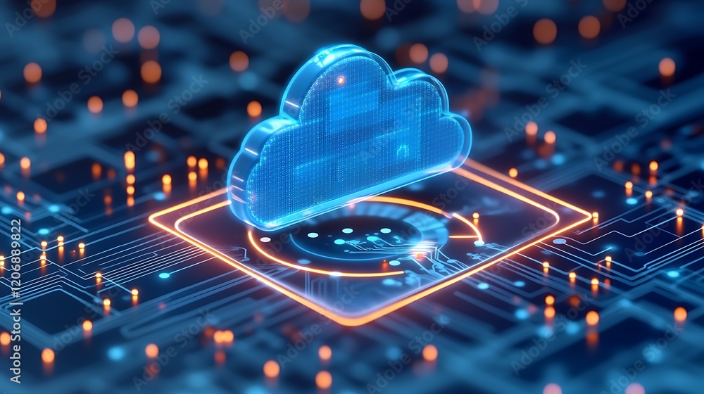 Poster futuristic cloud computing concept with circuit board background and digital elements in blue and or