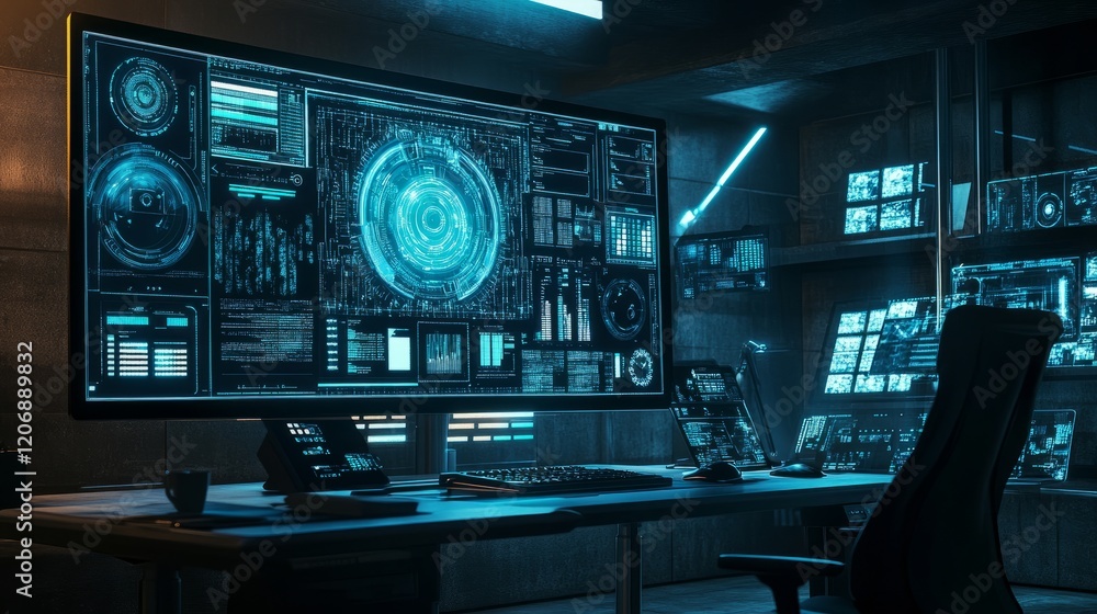 Poster home office setup with a large monitor showing an ai-generated image, empty chair symbolizing ai's d