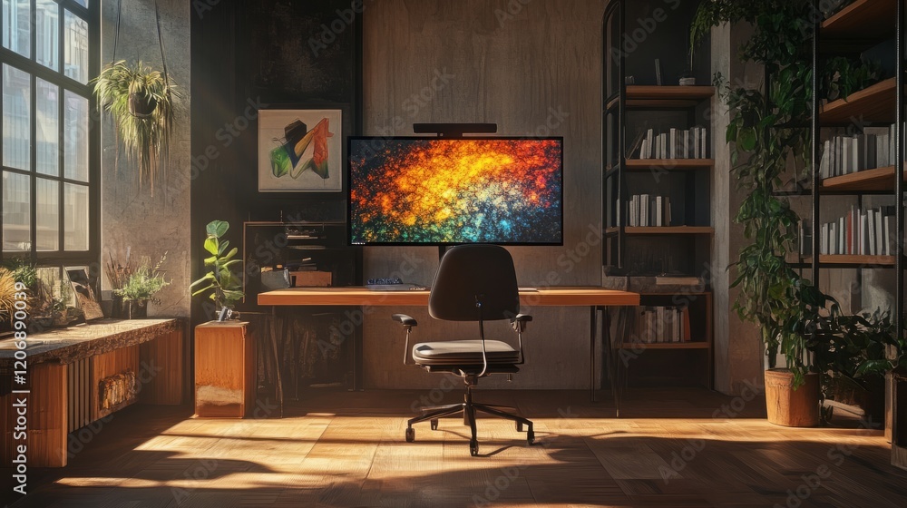 Poster home setup with a large monitor showing ai-generated art from a prompt, empty chair signifying ai's 