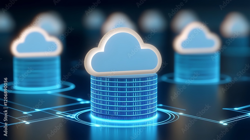 Poster futuristic cloud computing concept with data storage and digital technology elements in dark backgro
