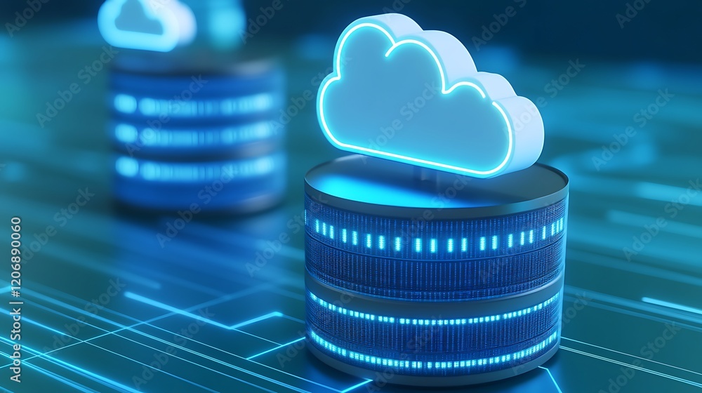Poster futuristic cloud computing concept with data storage and neon visuals representing digital transform