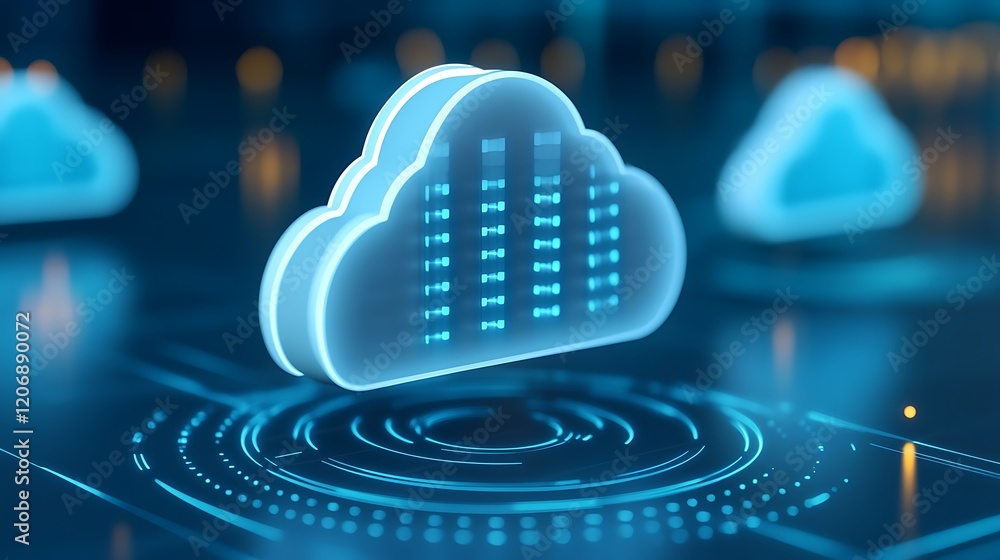 Poster futuristic cloud computing concept with data storage visualization in a digital environment