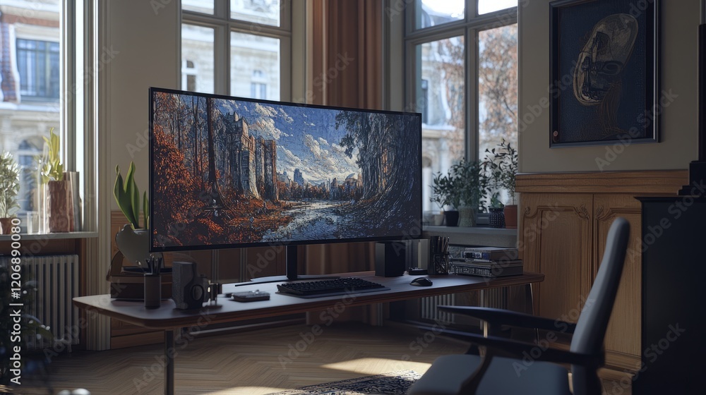 Poster home setup with a large monitor showing ai-generated art from a prompt, empty chair signifying ai's 
