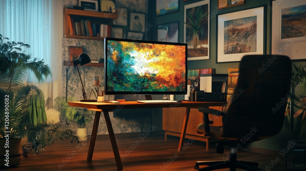 Poster home setup with a large monitor showing ai-generated art from a prompt, empty chair signifying ai's 