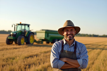 Happy Farmer Standing Proudly in a Field with a Tractor Behind	
