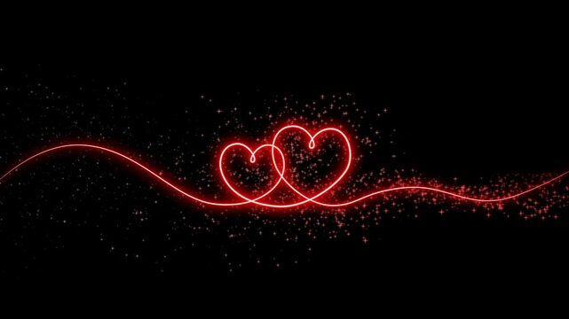 Red two heart shapes line animation with glittering particles on transparent background. Alpha channel included.