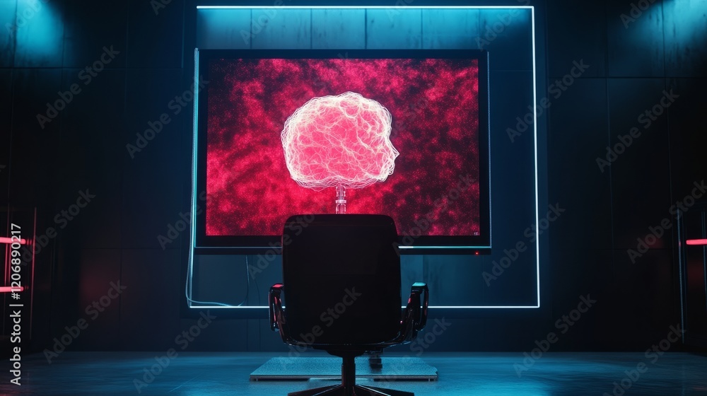 Poster large monitor displaying an image created by ai, empty chair in front, signifying the replacement of