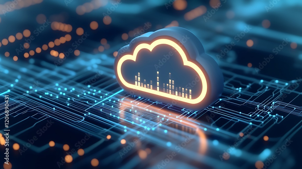 Poster futuristic cloud computing concept with data visualization and circuitry background in digital envir