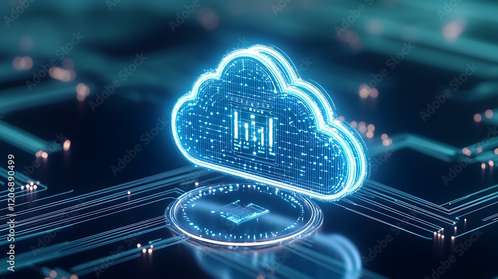 Poster futuristic cloud computing concept with data visualization and digital circuit background