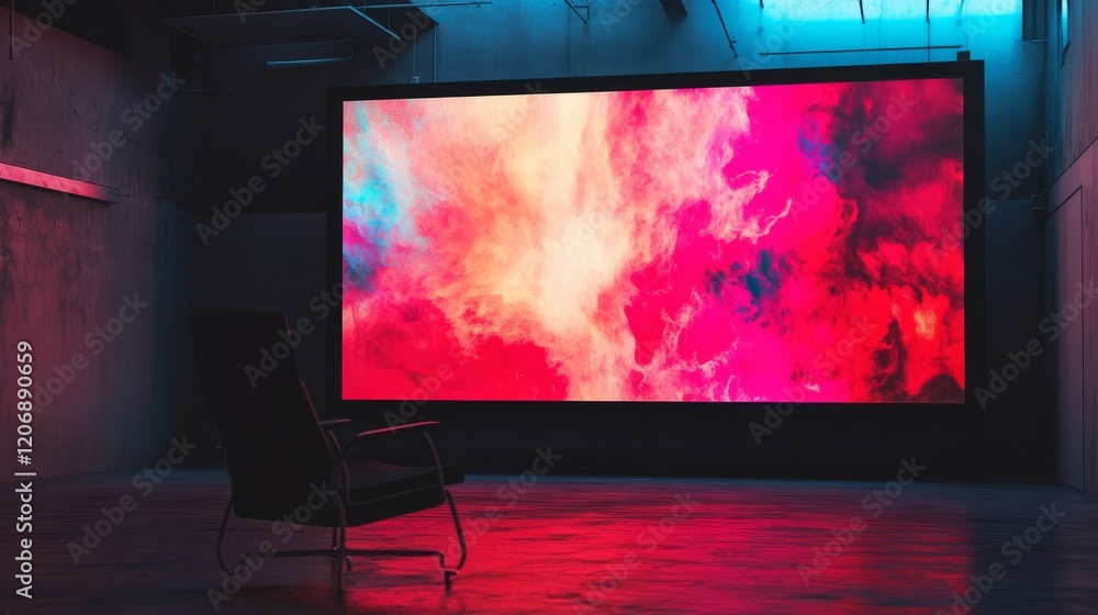Poster large screen displaying empty chair in front, illustrating the concept of ai supplanting human creat