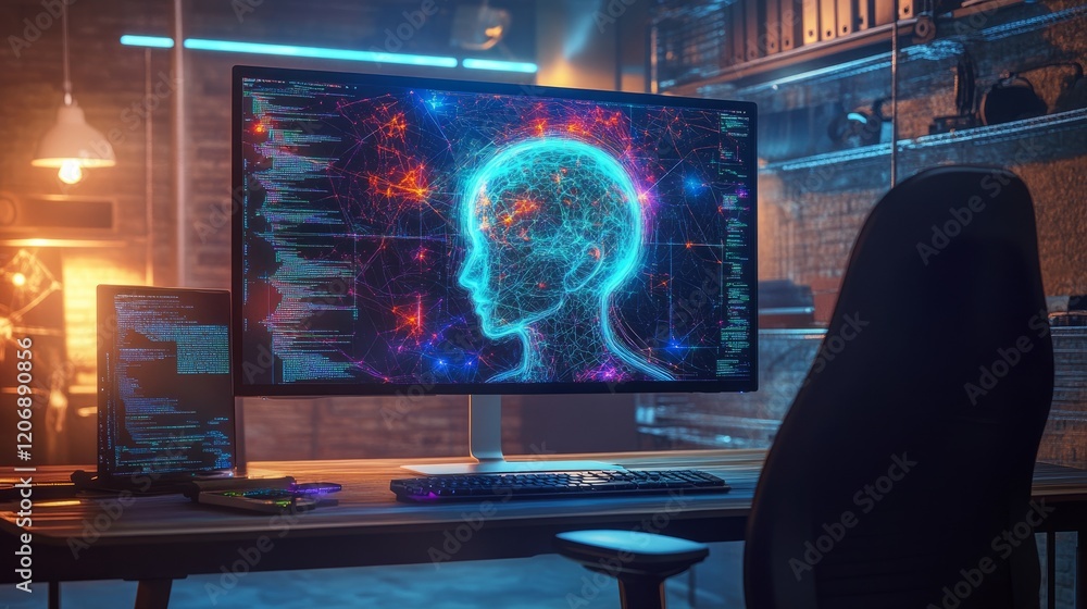 Poster large screen on a home computer displaying an image generated by ai, empty chair emphasizing the abs